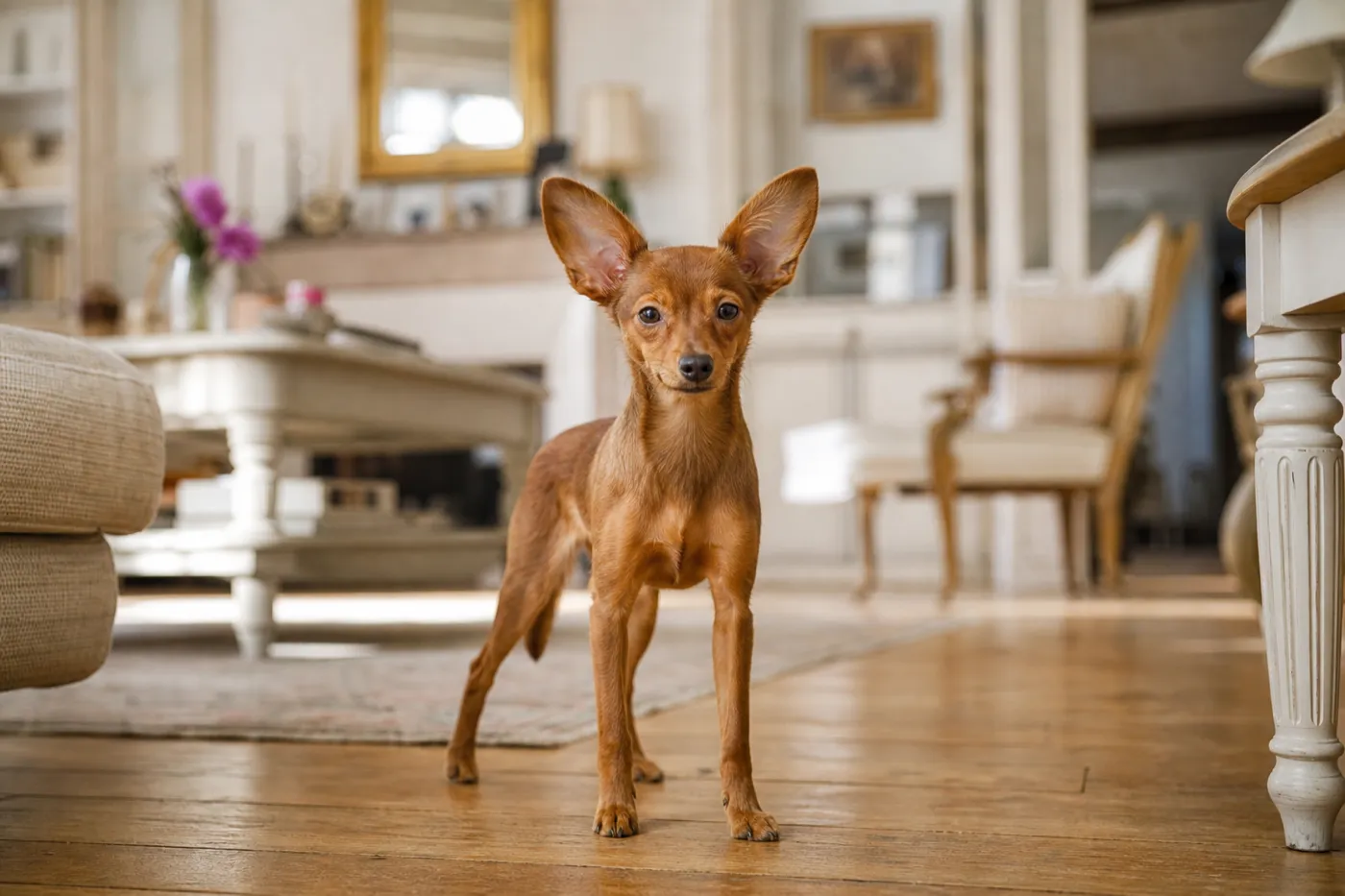 Petit chien russe à poil ras, robe fauve lisse et brillante, dans un intérieur clair